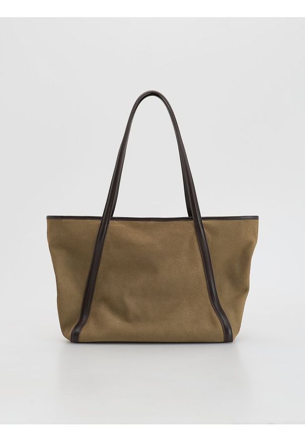 Reserved - Zamszowa torebka shopper - beżowy. Kolor: beżowy. Materiał: zamszowe