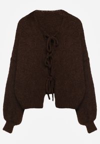 Renee - Brązowy Kardigan z Wełną o Kroju Oversize z Wiązanymi Kokardami Elearina. Okazja: na co dzień. Typ kołnierza: kokarda. Kolor: brązowy. Materiał: wełna. Styl: casual, street, elegancki #6