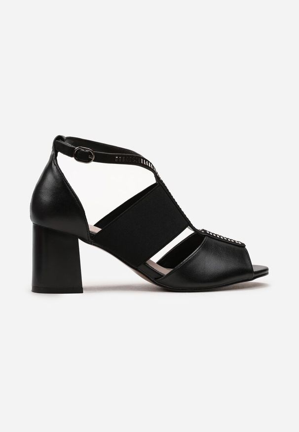 Renee - Czarne Sandały na Słupku z Ekoskóry ze Sprzączką i Cyrkoniami Evalirss. Zapięcie: sprzączka. Kolor: czarny. Obcas: na słupku