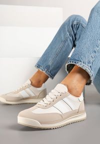 Renee - Beżowe Sneakersy w Stylu Kultowych Tenisówek z Przeszyciami Lelluria. Nosek buta: okrągły. Kolor: beżowy. Materiał: jeans. Obcas: na płaskiej podeszwie #3