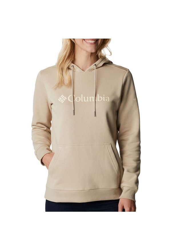 columbia - Bluza Columbia Logo Hoodie 1895751271 - beżowa. Okazja: na co dzień. Typ kołnierza: kaptur. Kolor: beżowy. Materiał: bawełna, poliester. Wzór: aplikacja. Styl: klasyczny, casual