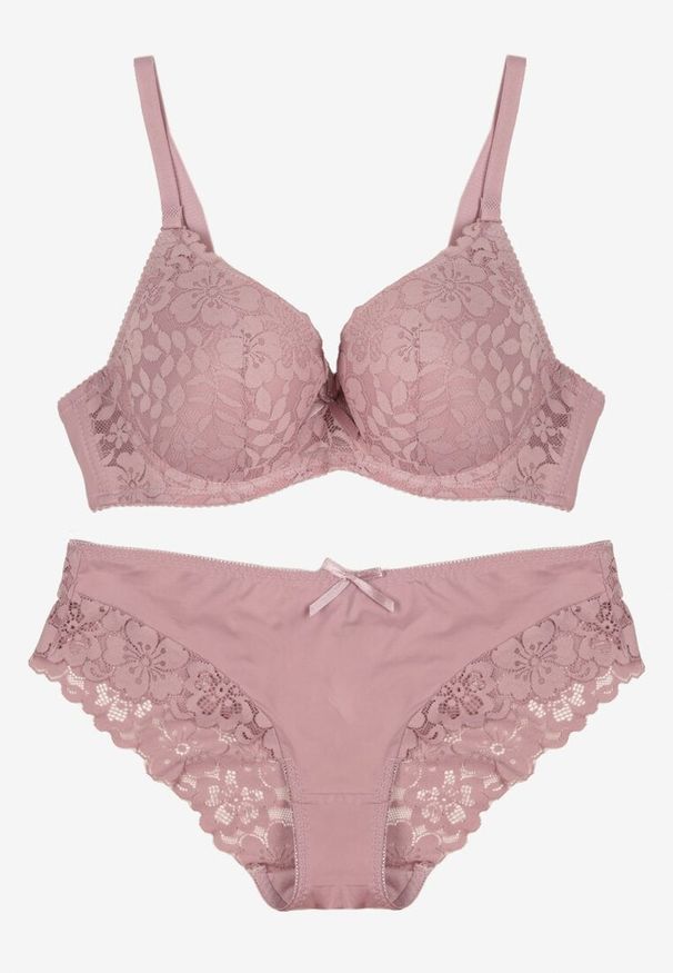 Born2be - Jasnofioletowy Komplet Biustonosz i Majtki Typu Figi Ozdobiony Koronką Ezivane. Kolor: fioletowy. Materiał: koronka. Wzór: koronka, aplikacja