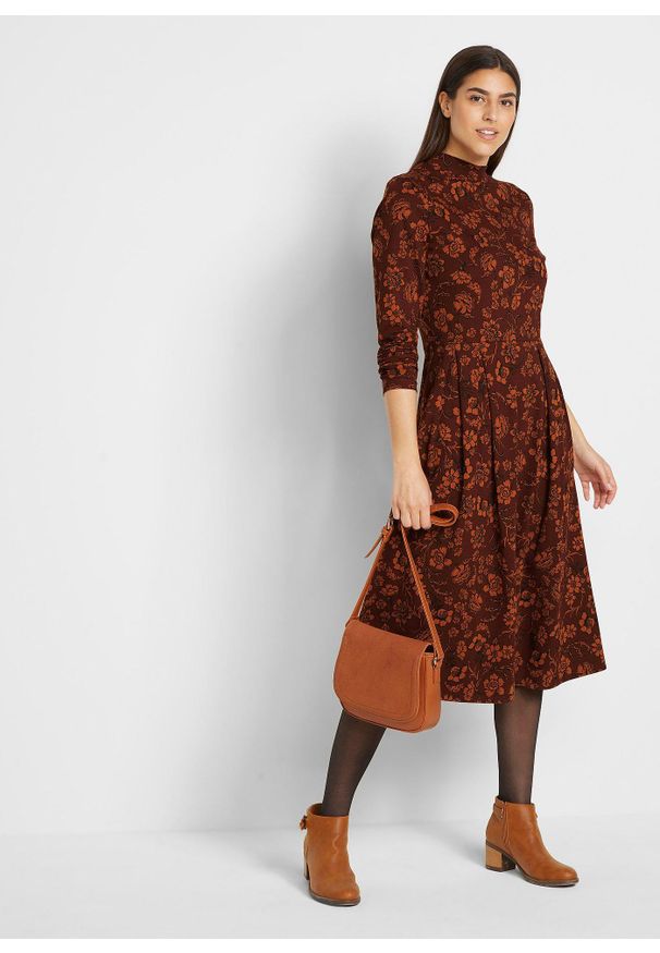 bonprix - Sukienka z bawełnianego dżerseju. Typ kołnierza: kołnierzyk stójkowy. Kolor: brązowy. Materiał: jersey, bawełna. Długość rękawa: długi rękaw. Wzór: nadruk, kwiaty