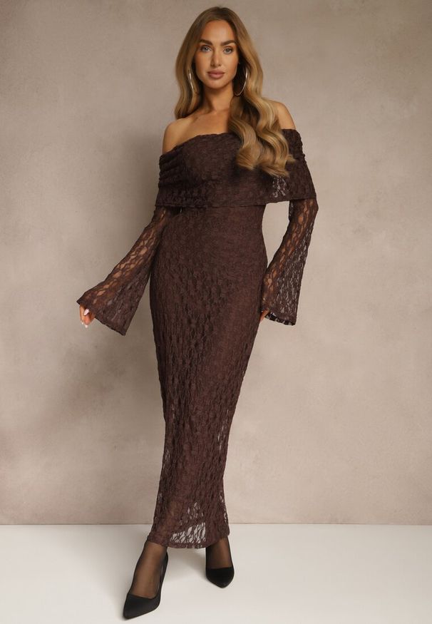 Renee - Brązowa Koronkowa Sukienka Koktajlowa z Odkrytymi Ramionami Eperria. Kolor: brązowy. Materiał: koronka. Typ sukienki: z odkrytymi ramionami. Styl: wizytowy. Długość: midi