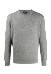 Ralph Lauren - RALPH LAUREN - Kaszmirowy sweter z haftowanym logo. Typ kołnierza: polo. Kolor: szary. Materiał: kaszmir. Długość rękawa: długi rękaw. Długość: długie. Wzór: haft. Styl: klasyczny #1
