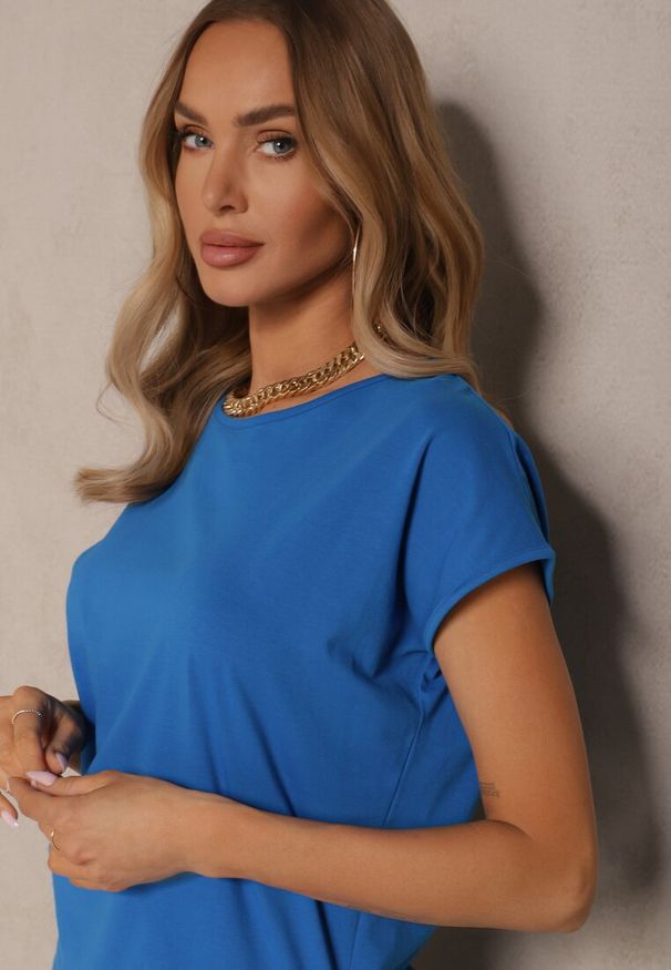 Renee - Niebieski T-shirt z Bawełny z Ozdobnym Wiązaniem Termio. Okazja: na spotkanie biznesowe, do pracy. Kolor: niebieski. Materiał: bawełna. Styl: biznesowy, klasyczny