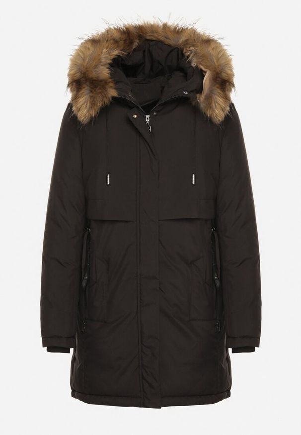 Born2be - Czarna Casualowa Kurtka Parka z Kapturem z Futerkiem Nallorea. Okazja: na co dzień. Typ kołnierza: kaptur. Kolor: czarny. Materiał: futro. Styl: casual