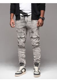 Ombre Clothing - Męskie jeansowe spodnie joggery z przetarciami i zamkami – szare V4 - Rozmiar: M. Kolor: szary. Materiał: jeans. Styl: retro, klasyczny, rockowy
