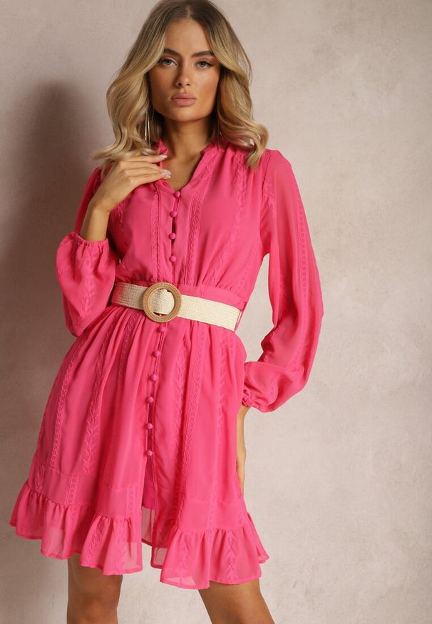 Renee - Fuksjowa Sukienka Merrinni. Kolor: różowy. Materiał: tkanina. Wzór: haft. Styl: boho, klasyczny