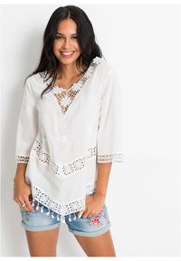 bonprix - Bawełniana bluzka tunikowa. Kolor: biały. Materiał: bawełna, koronka. Wzór: koronka #1