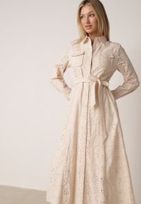 Born2be - Beżowa Bawełniana Sukienka z Ażurowym Wzorem i Paskiem Noviellea. Okazja: na co dzień. Kolor: beżowy. Materiał: bawełna. Wzór: ażurowy. Styl: casual, elegancki, klasyczny #8