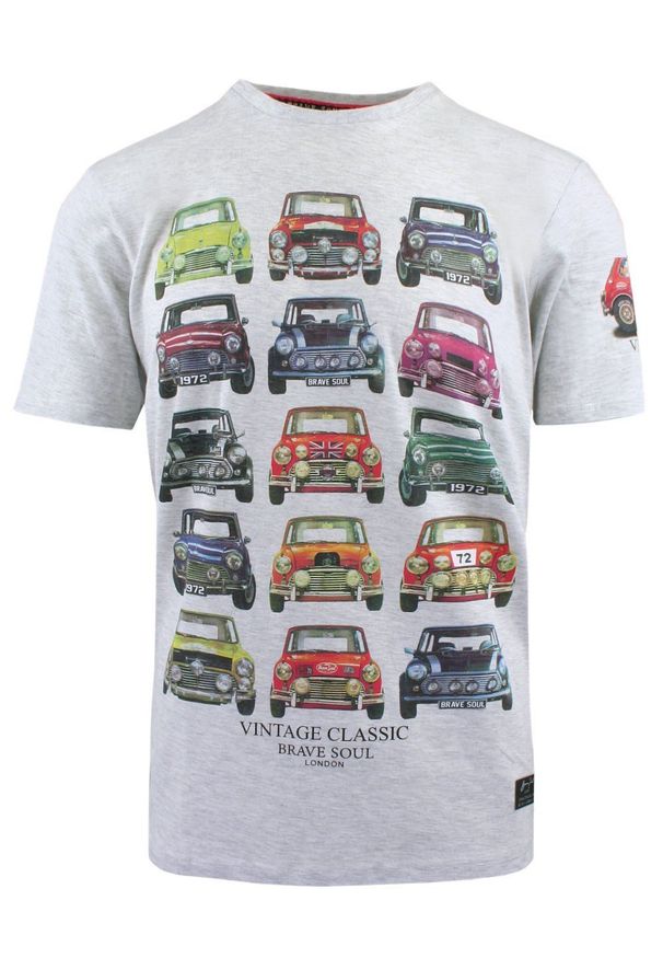 Bawełniany T-Shirt, Męski - Brave Soul - Retro Auta - Popielaty. Okazja: na co dzień. Kolor: szary. Materiał: wiskoza, bawełna. Wzór: nadruk. Sezon: wiosna, lato. Styl: retro