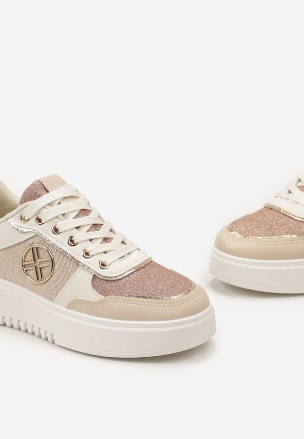 Renee - Beżowe Sneakersy z Metalicznymi Wstawkami i Brokatem na Grubej Podeszwie Xaneta. Kolor: beżowy
