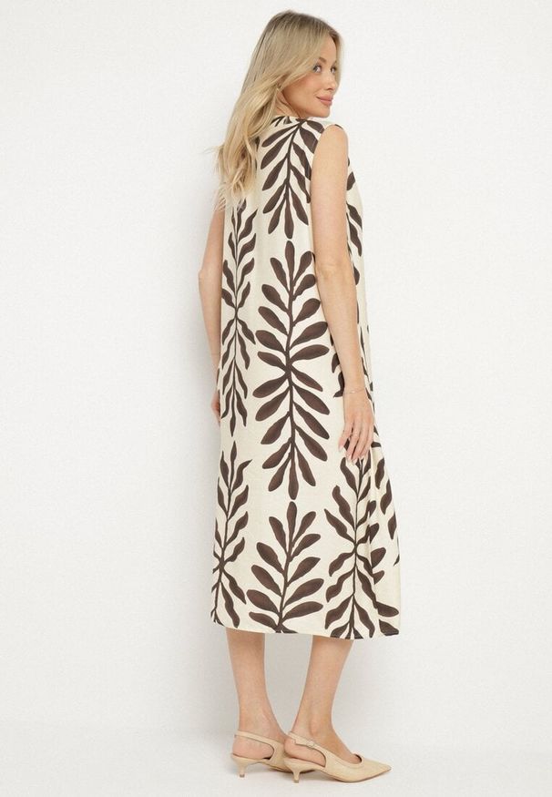 Born2be - Beżowa Sukienka z Wiskozą Pudełkowa w Malowany Wzór Hiliona. Kolor: beżowy. Materiał: wiskoza