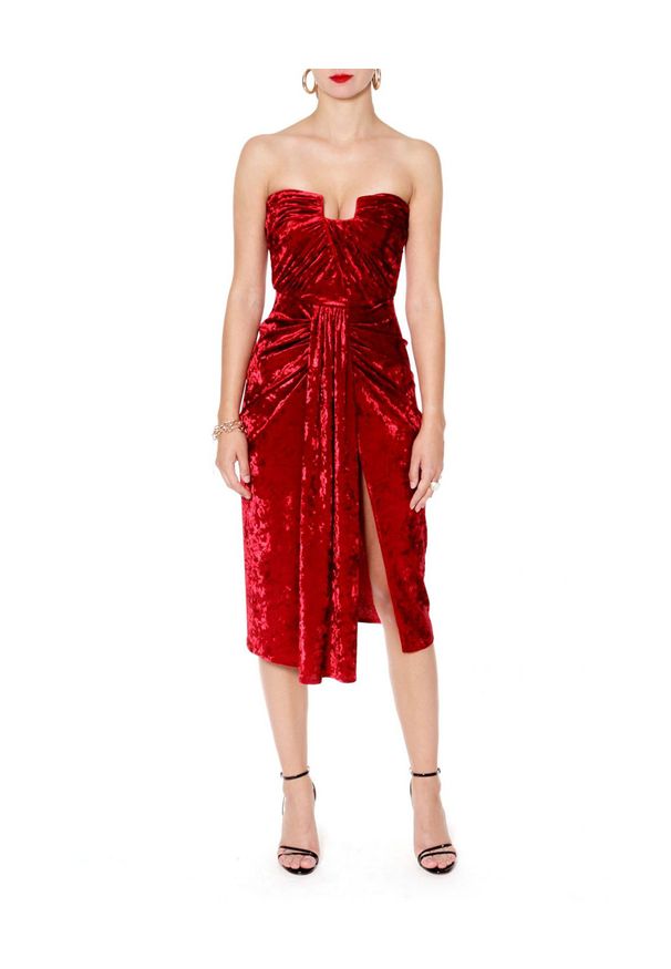 AGGI - Czerwona sukienka Bella Cherry. Kolor: czerwony. Materiał: jedwab, wiskoza. Typ sukienki: z odkrytymi ramionami. Styl: wizytowy. Długość: midi