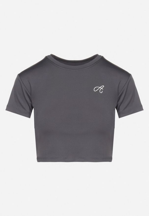 Born2be - Ciemnoszary T-shirt Crop Top Ozdobiony Literką Koliviela. Okazja: na co dzień. Kolor: szary. Materiał: jeans. Długość: krótkie. Wzór: aplikacja. Styl: elegancki, casual