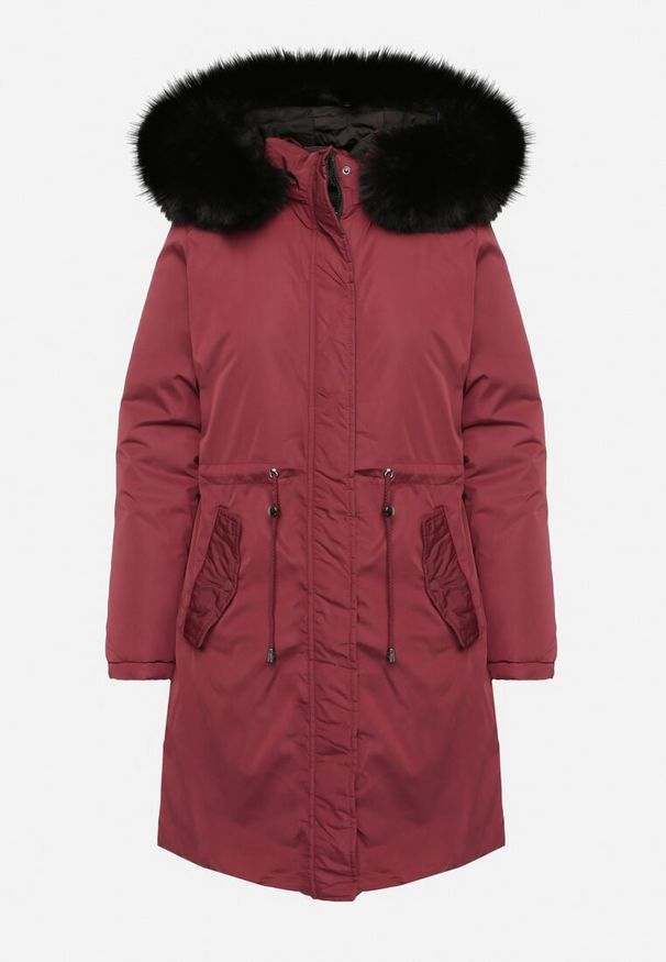 Born2be - Bordowa Dwustronna Kurtka za Kolano z Kapturem z Futerkiem Zephyro. Typ kołnierza: kaptur. Kolor: czerwony. Materiał: futro. Długość: długie. Wzór: gładki, aplikacja