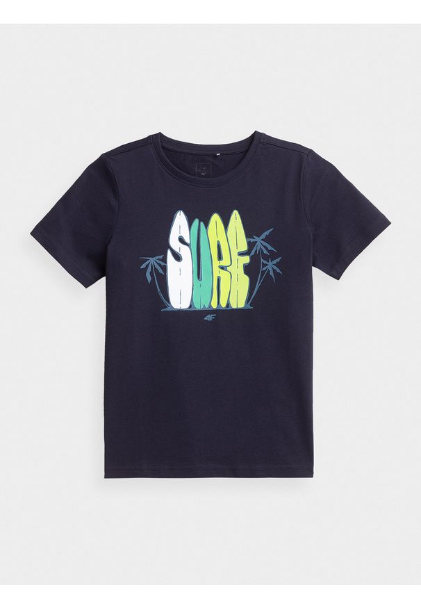 4f - T-shirt z nadrukiem chłopięcy. Kolor: niebieski. Materiał: materiał, bawełna, dzianina. Wzór: nadruk