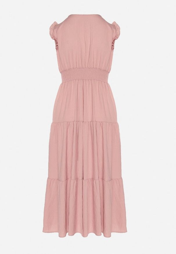 Born2be - Różowa Wiskozowa Sukienka z Falbankami Sadoline. Okazja: na co dzień. Typ kołnierza: kołnierz z falbankami. Kolor: różowy. Materiał: wiskoza. Styl: boho, casual