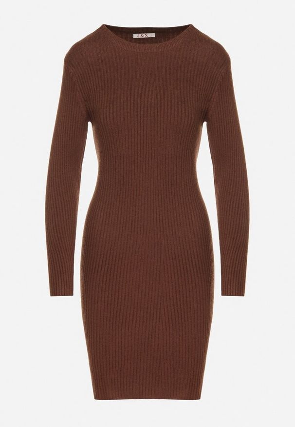 Born2be - Brązowa Dopasowana Sukienka z Prążkowanej Dzianiny z Bawełną Tesmera. Okazja: do pracy, na co dzień, na spotkanie biznesowe. Kolor: brązowy. Materiał: dzianina, bawełna, prążkowany. Styl: casual, biznesowy