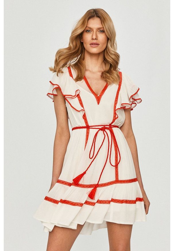 TwinSet - Twinset - Sukienka. Kolor: biały. Materiał: tkanina. Długość rękawa: krótki rękaw. Typ sukienki: rozkloszowane