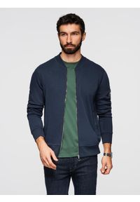 Ombre Clothing - Rozpinana bawełniana bluza męska dresowa bomberka – granatowa V4. Okazja: na co dzień. Kolor: niebieski. Materiał: bawełna, dresówka. Wzór: aplikacja. Styl: sportowy, casual, elegancki