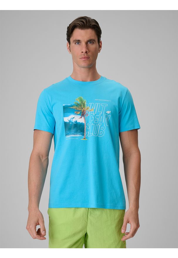 4f - 4F T-shirt regular z nadrukiem męski - niebieski XL. Okazja: na co dzień. Kolor: niebieski. Materiał: bawełna, dzianina. Wzór: nadruk. Styl: wakacyjny, casual, klasyczny
