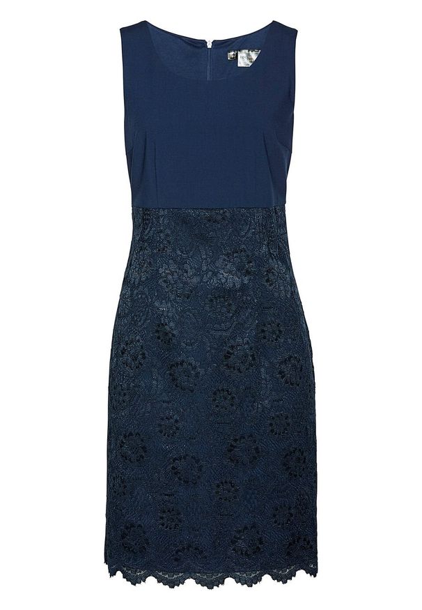 Sukienka ołówkowa z koronką bonprix ciemnoniebieski. Kolor: niebieski. Materiał: koronka. Wzór: koronka. Typ sukienki: ołówkowe