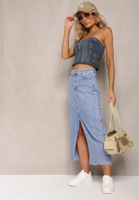 Renee - Niebieska Spódnica Jeansowa High Waist Midi z Bawełny z Rozcięciem Viris. Stan: podwyższony. Kolor: niebieski. Materiał: jeans, bawełna #1