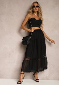 Renee - Czarna Spódnica Maxi Rozkloszowana z Ozdobną Tasiemką z Koronki Rionette. Okazja: na co dzień. Kolor: czarny. Materiał: koronka. Wzór: koronka. Styl: elegancki, casual #4