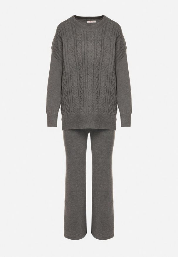 Born2be - Ciemnoszary Komplet Dzianinowy z Bawełną i Wełną Spodnie i Warkoczowy Sweter Errela. Kolor: szary. Materiał: wełna, bawełna, dzianina