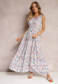 Renee - Jasnoniebieska Sukienka Maxi w Kwiaty z Gumką w Talii Vivienis. Kolor: niebieski. Wzór: kwiaty. Długość: maxi