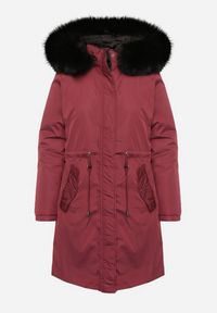 Born2be - Bordowa Dwustronna Kurtka za Kolano z Kapturem z Futerkiem Zephyro. Typ kołnierza: kaptur. Kolor: czerwony. Materiał: futro. Długość: długie. Wzór: aplikacja, gładki #7