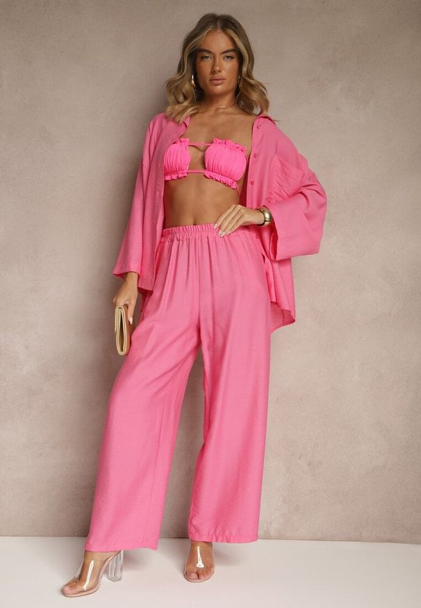Renee - Fuksjowy Wiskozowy Komplet Oversize Koszula i Spodnie Wide Leg Zierana. Kolor: różowy. Materiał: wiskoza