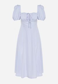 Born2be - Niebieska Sukienka w Rustykalnym Stylu z Wiązaniem przy Dekolcie i Rozcięciem Idanillea. Okazja: na spacer, na co dzień. Typ kołnierza: dekolt kwadratowy. Kolor: niebieski. Typ sukienki: rozkloszowane. Styl: casual #2