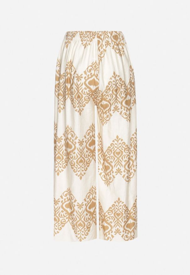 Born2be - Beżowe Wiskozowe Szerokie Spodnie z Geometrycznym Wzorem Faneoriela. Okazja: na co dzień. Kolor: beżowy. Materiał: wiskoza. Wzór: geometria. Styl: elegancki, casual, klasyczny