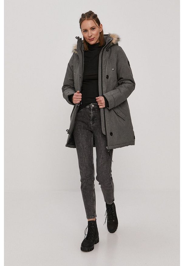 Vero Moda - Kurtka. Kolor: szary. Materiał: futro, materiał. Wzór: gładki