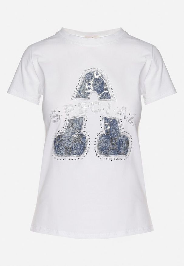 Born2be - Biały Bawełniany T-shirt Ozdobiony Napisem i Cyrkoniami Isnorea. Okazja: na co dzień. Kolor: biały. Materiał: bawełna. Wzór: napisy, aplikacja. Styl: glamour, casual
