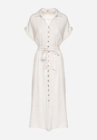 Born2be - Jasnobeżowa Sukienka Koszulowa z Wiskozy i Lnu Wiązana w Talii z Kieszeniami Efrasira. Okazja: na co dzień. Kolor: beżowy. Materiał: wiskoza, len. Typ sukienki: koszulowe. Styl: casual, elegancki #4