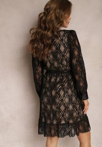 Renee - Czarno-Beżowa Rozkloszowana Sukienka Pokryta Koronką z Głębokim Dekoltem Halanna. Kolor: czarny. Materiał: koronka. Wzór: koronka. Typ sukienki: rozkloszowane #5