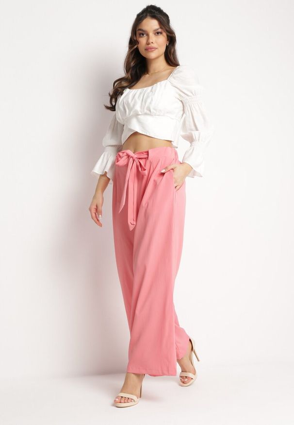 Born2be - Różowe Spodnie Szerokie z Wiązaniem w Pasie Paper Bag Tisallas. Kolor: różowy. Styl: elegancki