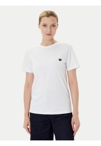 Wrangler T-Shirt Sign Off 112373024 Biały Slim Fit. Kolor: biały. Materiał: bawełna