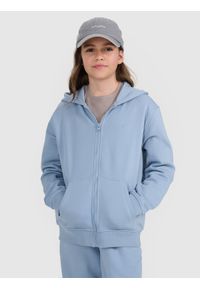 4f - 4F Bluza dresowa rozpinana z kapturem dziewczęca - niebieska 134 (8-9 lat). Okazja: na co dzień. Typ kołnierza: kaptur. Kolor: niebieski. Materiał: dresówka. Wzór: gładki, ze splotem. Sezon: lato. Styl: casual, sportowy #1