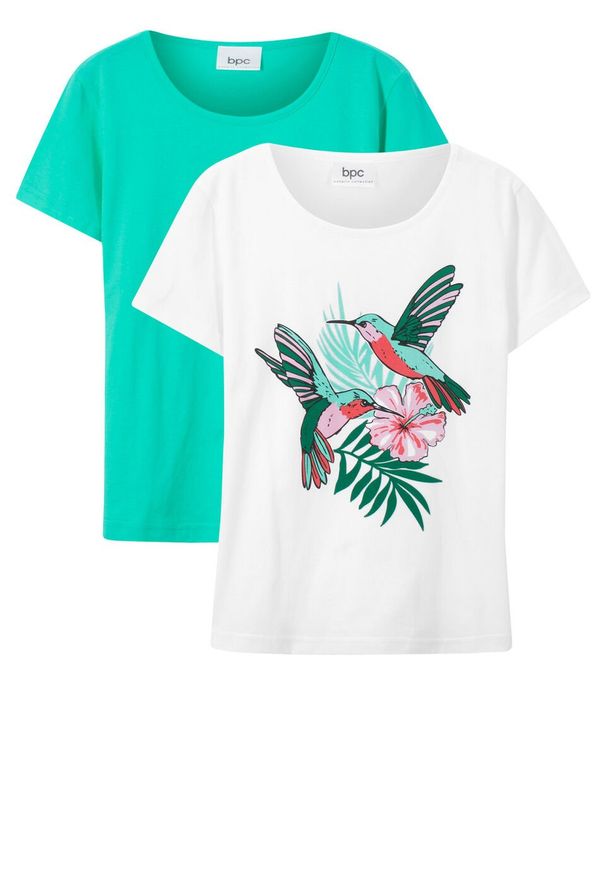 T-shirt dziewczęcy (2 szt. w opak.) bonprix biały-zielony morski + biały. Kolor: biały