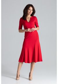 Lenitif - Elegancka sukienka midi rozkloszowana w kliny dekolt V czerwona. Okazja: na co dzień, do pracy. Kolor: czerwony. Typ sukienki: rozkloszowane. Styl: elegancki. Długość: midi #4