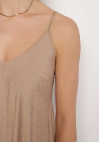 Born2be - Ciemnobeżowa Rozkloszowana Sukienka z Wiskozy z Cyrkoniami Ellitana. Okazja: na co dzień. Kolor: beżowy. Materiał: wiskoza. Sezon: lato. Styl: elegancki, casual, klasyczny #5