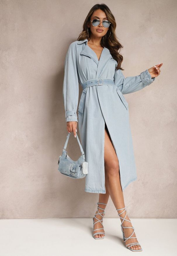 Renee - Niebieski Płaszcz z Jeansu z Przetarciami i Paskiem ze Sprzączką Umiorrea. Okazja: na co dzień. Kolor: niebieski. Materiał: jeans. Styl: wizytowy, casual, elegancki