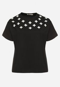 Born2be - Czarny T-shirt z Bawełny Ozdobiony Cyrkoniami i Haftami Firarette. Okazja: na co dzień. Kolor: czarny. Materiał: bawełna. Wzór: aplikacja, haft. Styl: klasyczny, casual #3