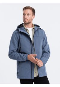 Ombre Clothing - Kurtka męska przejściowa z kapturem - niebieska V3 - Rozmiar: M. Typ kołnierza: kaptur. Kolor: niebieski. Materiał: poliester. Wzór: nadruk #1