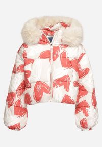 Born2be - Beżowo-Czerwona Pikowana Kurtka o Krótkim Kroju z Kapturem i Odpinanym Futerkiem Enarisel. Okazja: na co dzień. Typ kołnierza: kaptur. Kolor: beżowy. Materiał: futro. Długość: krótkie. Styl: casual, elegancki #6